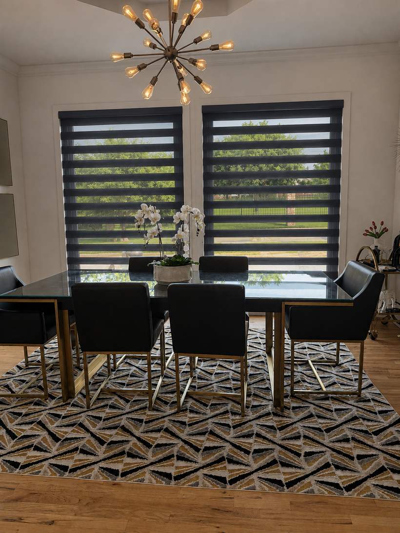 The same dining room after: custom dual sheer shades installed